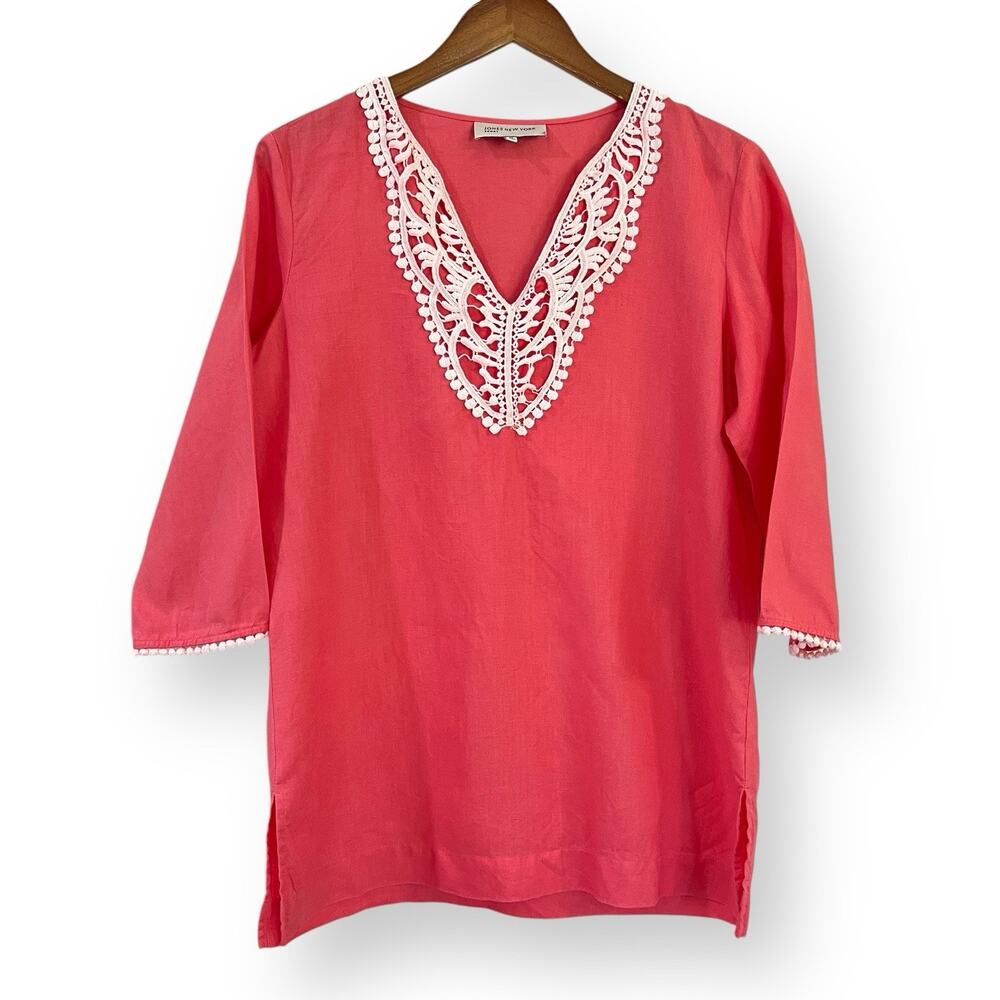 Jones New York Sport Womens Linen Popover Top Sz M Embroidered Coral 3/4 Sleeve